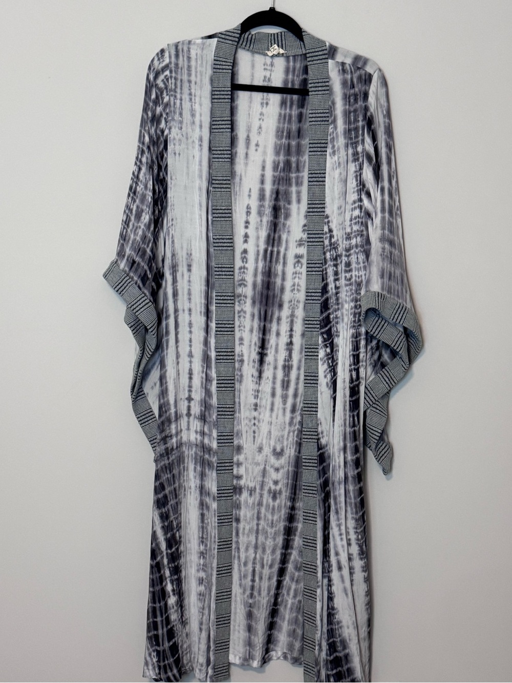 Women’s Tie-Dye Kimono Duster Size Small Gray White Longline Open Front